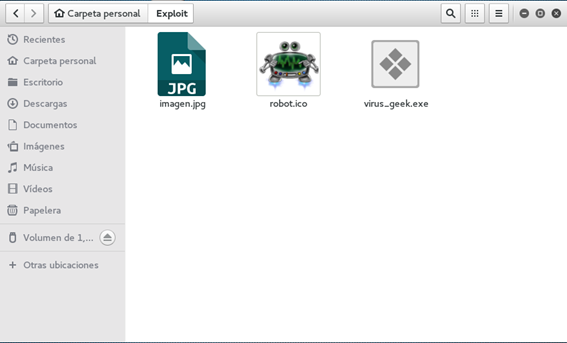 En la imagen encontramos tres archivos: un imagen JPG, un icono de un robot y nuestro virus en formato .exe